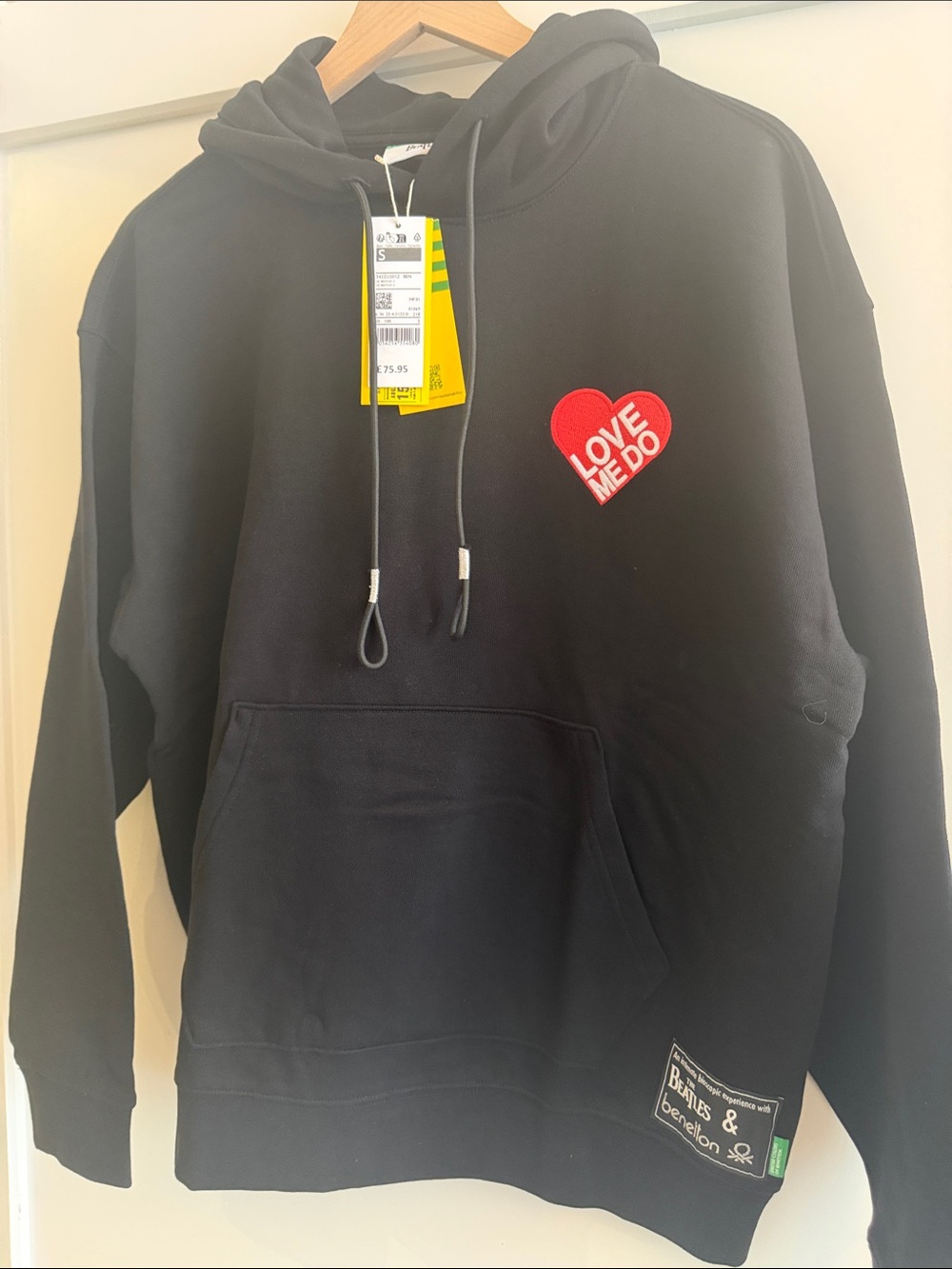 United Colors Of Benetton Men’s Black Beatles Hoodie with Red Heart Patch